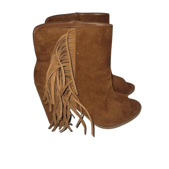 Women 8.5 Fringe Brown Peep Toe Block Heel‎ AnkleBoots Festival Boho Cowgirl Y2K - Picture 2 of 10